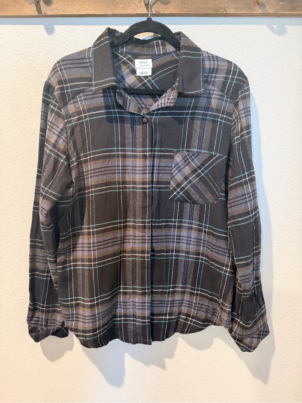 RVCA Men’s Black and Gray Plaid Button-Down Shirt with Teal Accents